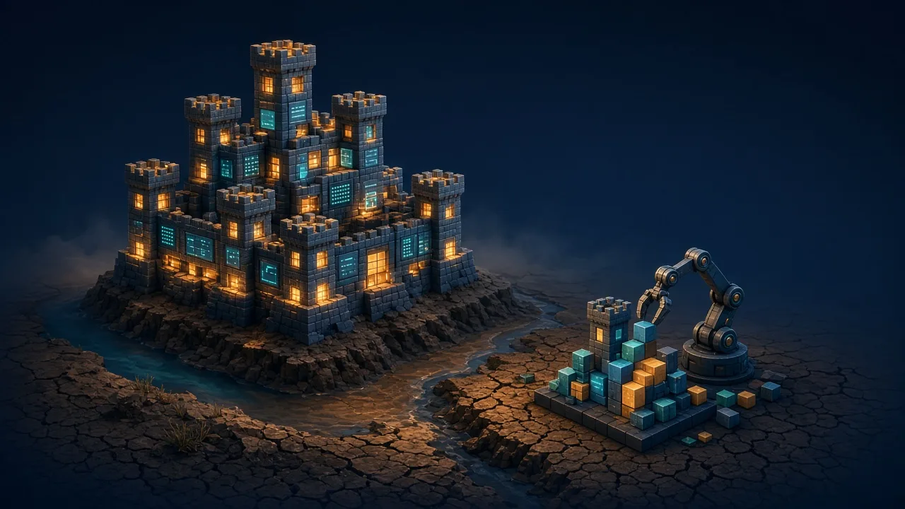 A glowing castle made of code blocks surrounded by a drying moat, with a robot arm building a small copy of the castle beside it