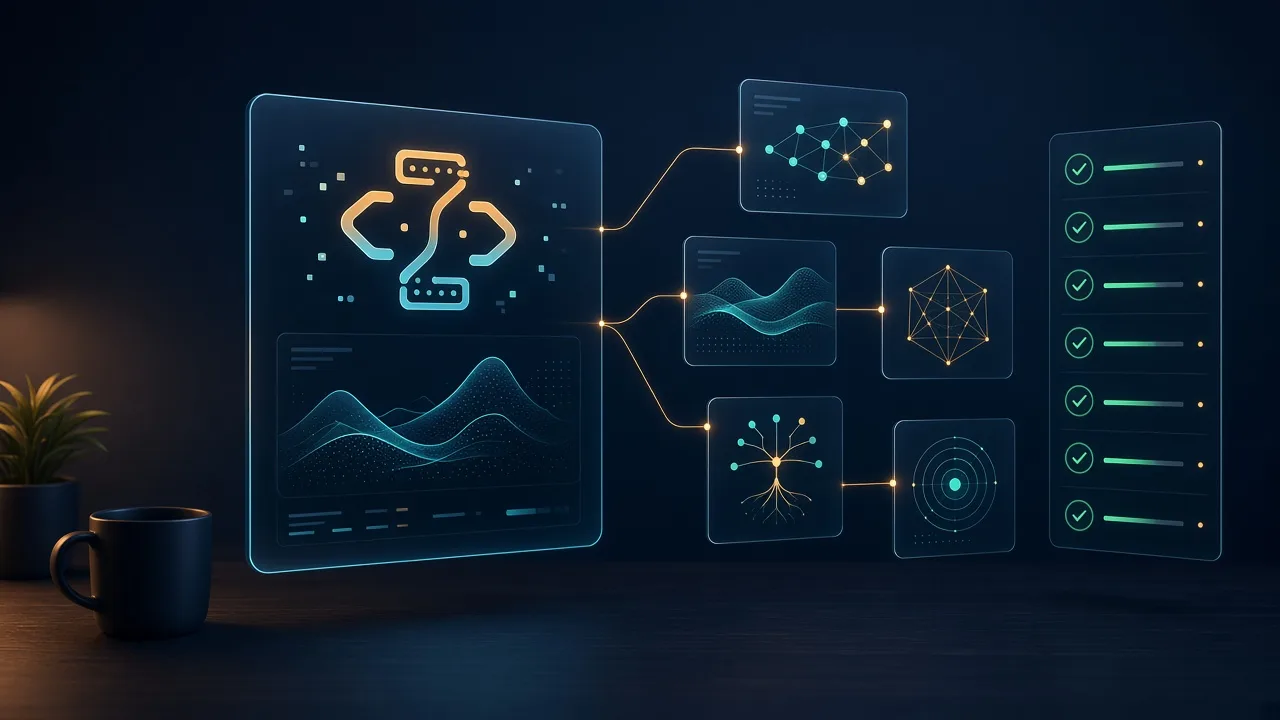 Abstract illustration of an AI coding agent working through a long task
