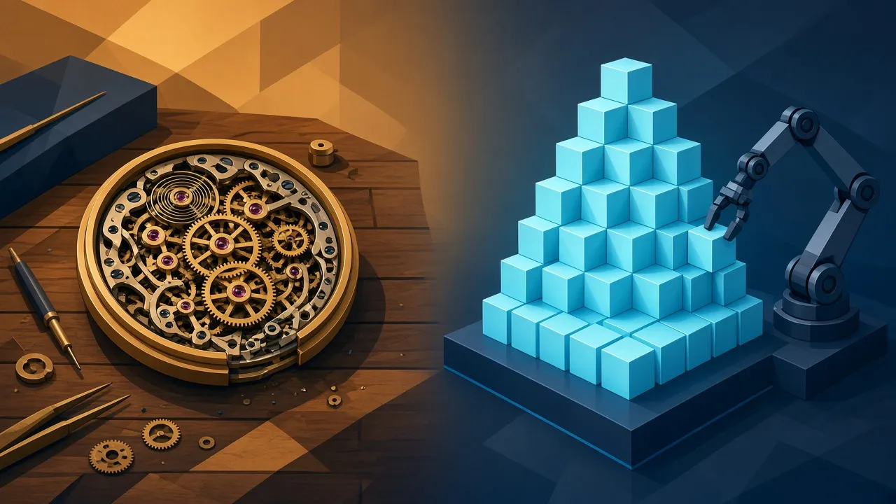 An open mechanical watch movement with warm brass gears on a wooden workbench beside a robotic arm stacking uniform glowing blue blocks