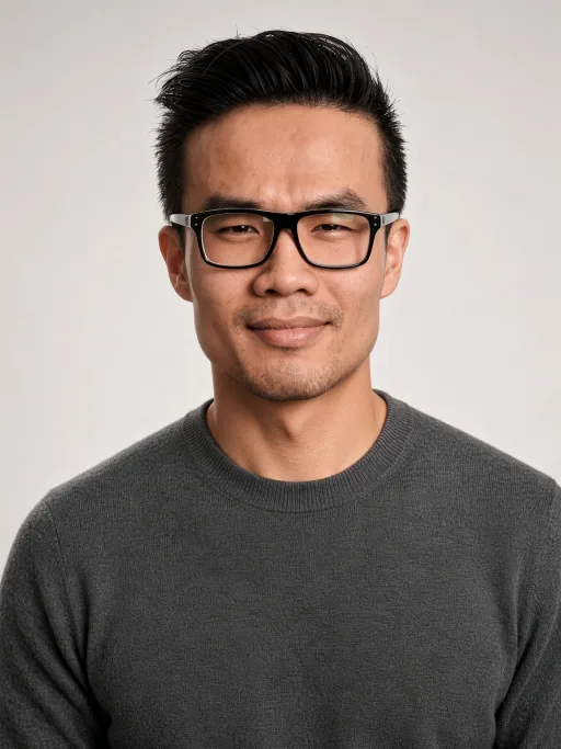 Oscar Hoang in black-framed glasses and a grey sweater